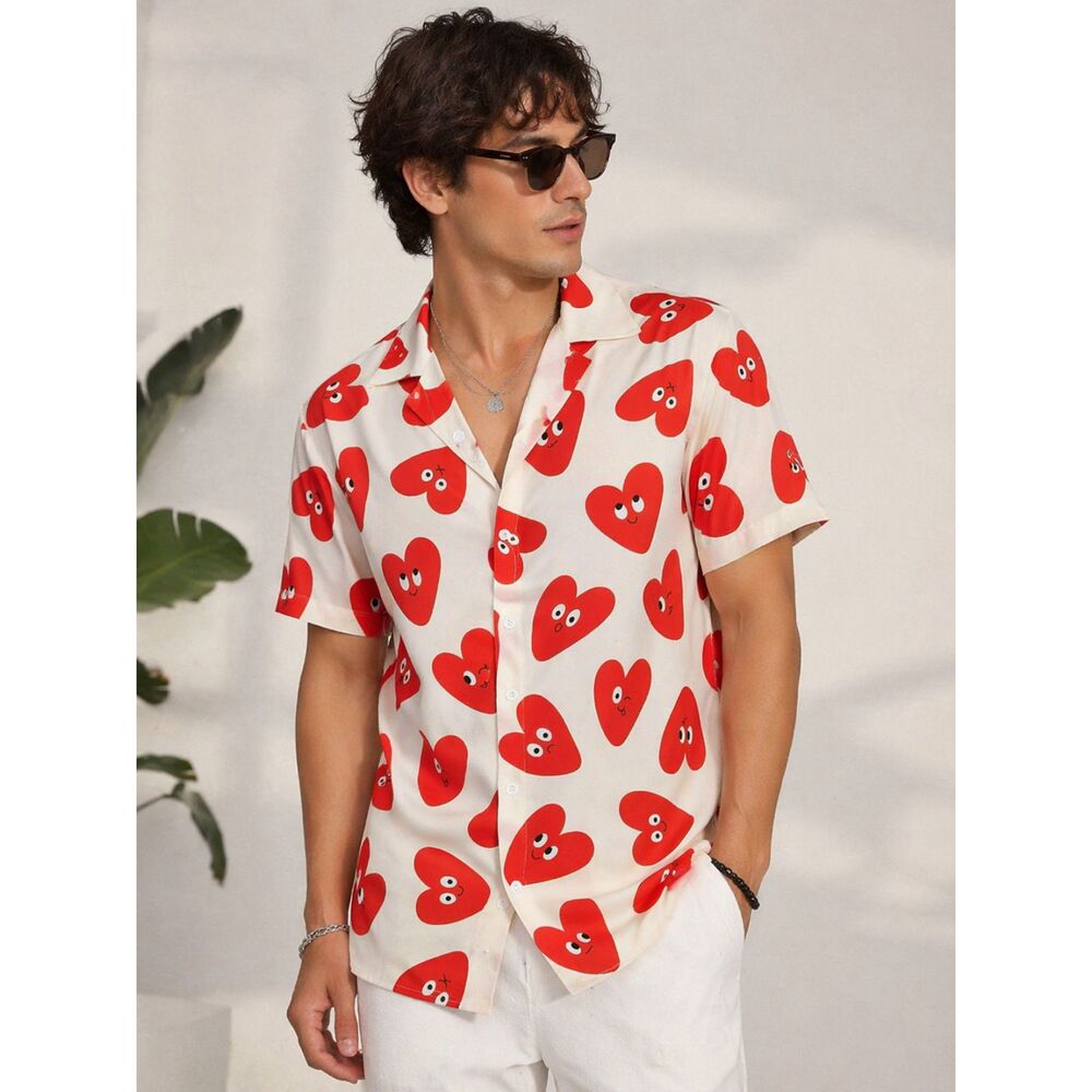 Manfinity Men's Heart Print Button-Up Shirt – Short Sleeve Revere Collar Casual